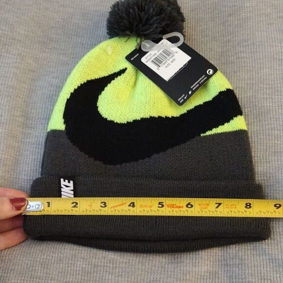 NIKE Big Kid's Volt Yellow Black Swoosh Pom Pom Knit Beanie NWT - Picture 14 of 15